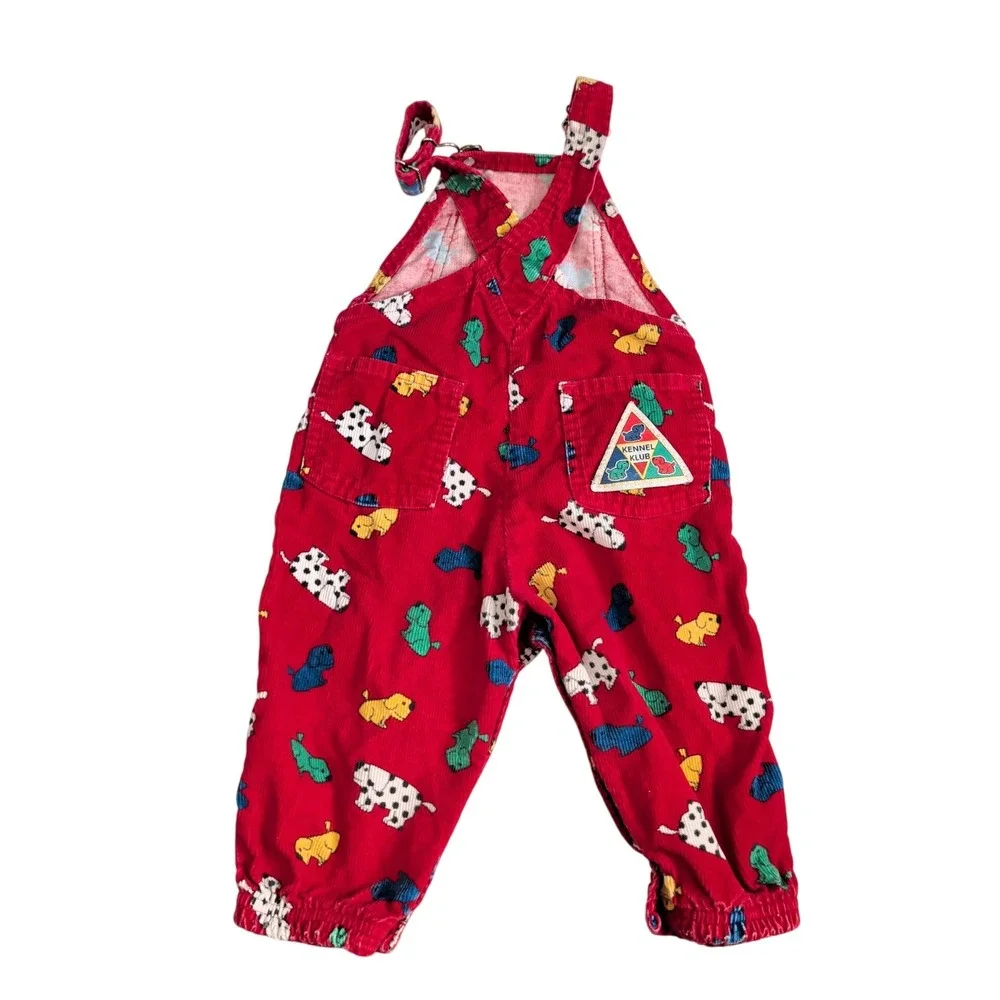 Vintage OshKosh Bgosh Kennel Klub Red Corduroy Puppy Dog Overalls 18M 90s 80s
